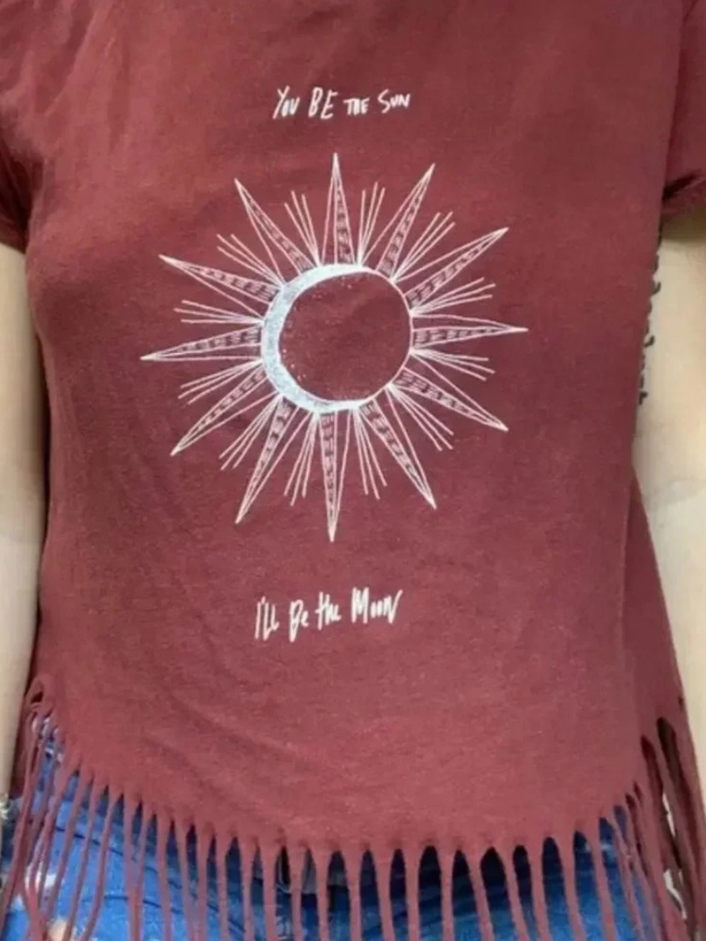 American Eagle Outfitters Maroon Sun Graphic Fringe Tee